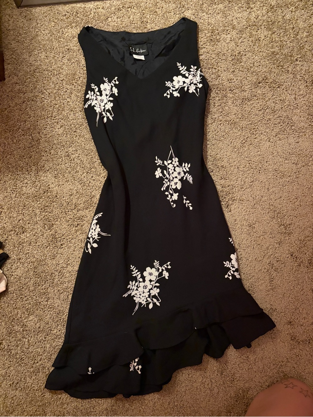 Vintage SL Fashions Black Floral Ruffle Hem Midi Dress